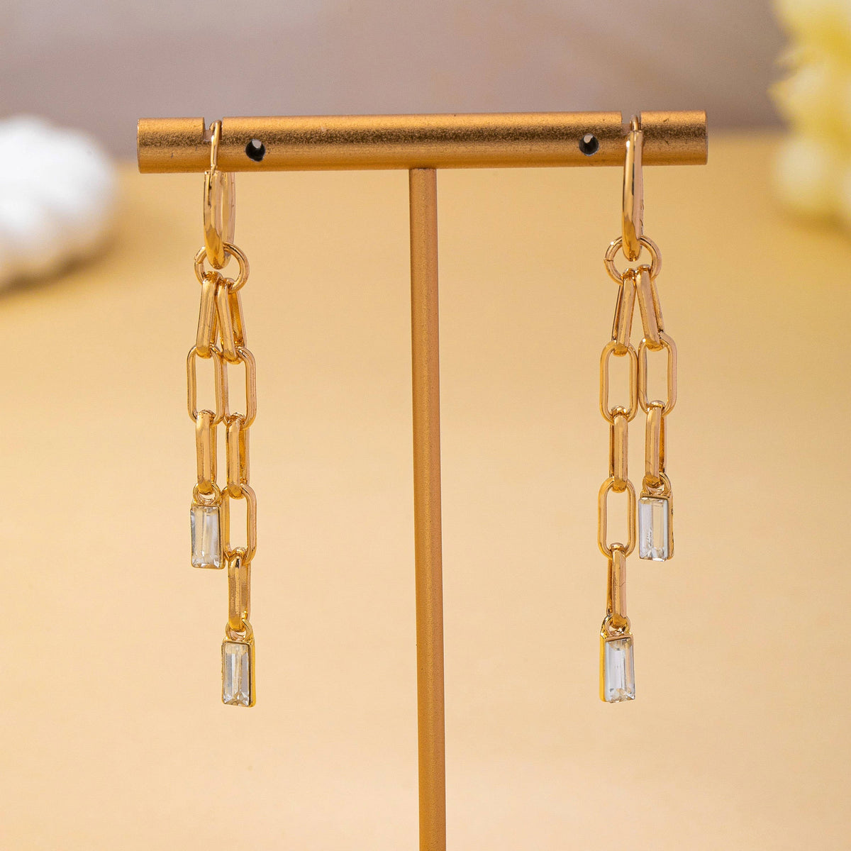 Josslyn Paperclip Chain Glass Rhinestone Drop Earrings Gold
