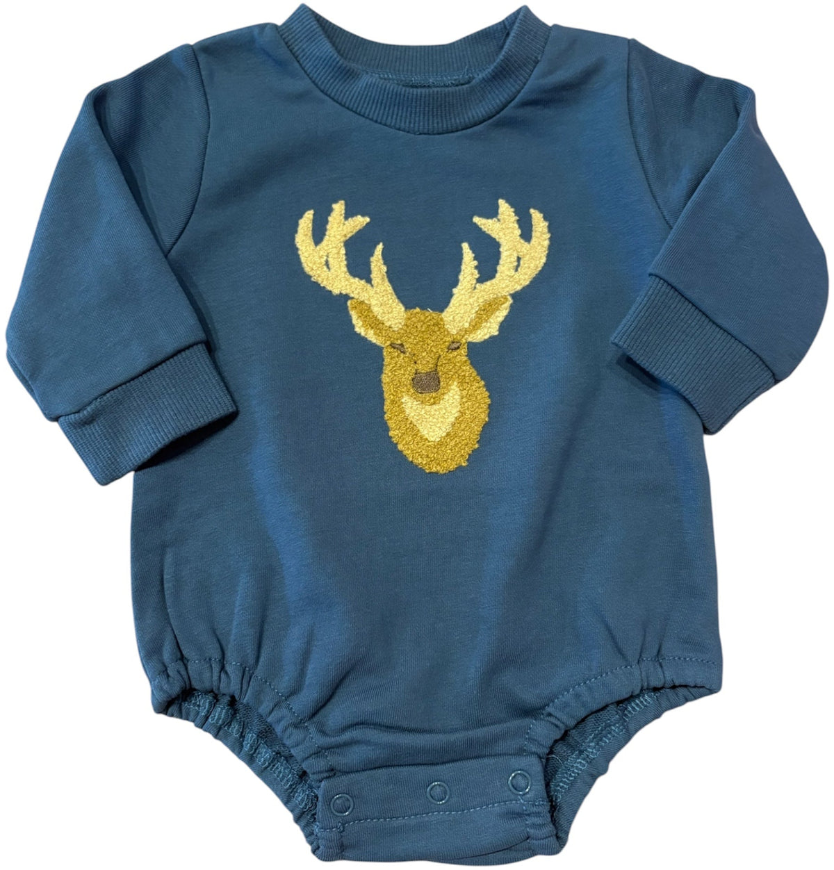 A baby long-sleeve bodysuit in slate blue with a large gold deer head graphic on the chest, displayed flat against a white background.