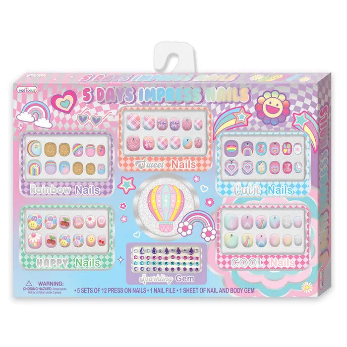 A boxed set of children's nail impression/nail art stickers in pastel packaging. The package shows multiple sample panels labeled Rainbow Nails, Sweet Nails, Cute Nails, Happy Nails, and Cool Nails, plus a hot air balloon motif and rainbow graphics.