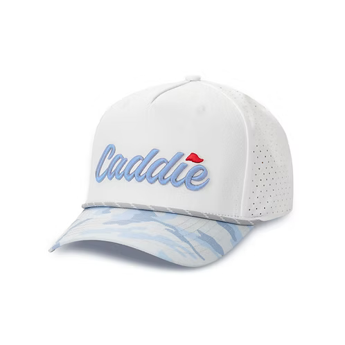 White cap with 'Caddie' text and red heart on a white background
