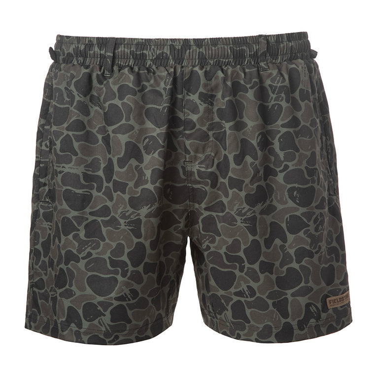 Camouflage-patterned shorts on a white background