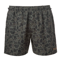 Camouflage-patterned shorts on a white background