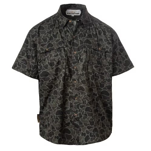 Short-sleeve shirt with camouflage pattern on a white background