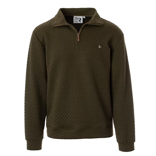 An olive green quilted quarter-zip pullover sweater with a small embroidered logo on the left chest, displayed on a clean white background.