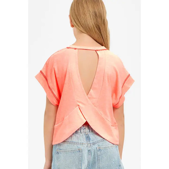 GOOD GIRL OVERLAP OPEN BACK REVERSE STITCHED TOP NEON CORAL