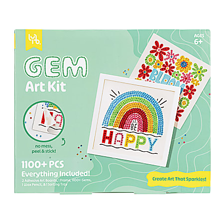 GEM Art Kit retail box in mint green, showing a rainbow 'be HAPPY' craft design and floral sticker examples. Text highlights 1100+ pieces and age 6+.