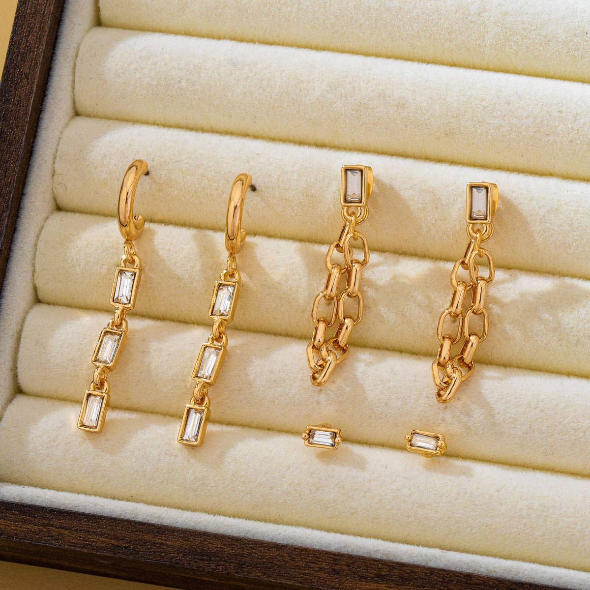 Geometric Baguette Stud & Chain Trio Earring Set