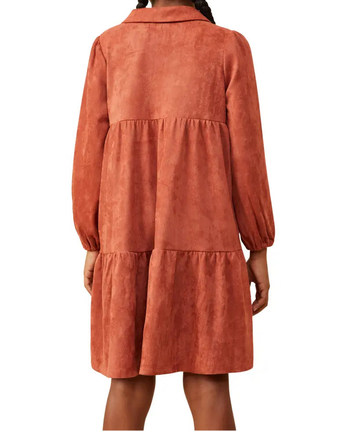 Girls Open Collar Vegan Suede Swing Dress