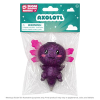 Sugar Swishmez Nods Axolotl squishy toy in its original retail packaging, featuring a glittery purple body and bright pink gills, under a teal header card.
