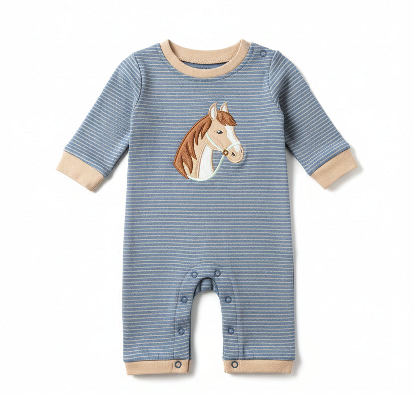 A baby short-sleeve onesie in light blue and white stripes, featuring an embroidered horse head on the chest and beige ribbed trim at the collar and cuffs, displayed on a hanger.