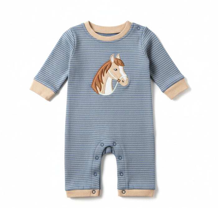 A baby short-sleeve onesie in light blue and white stripes, featuring an embroidered horse head on the chest and beige ribbed trim at the collar and cuffs, displayed on a hanger.
