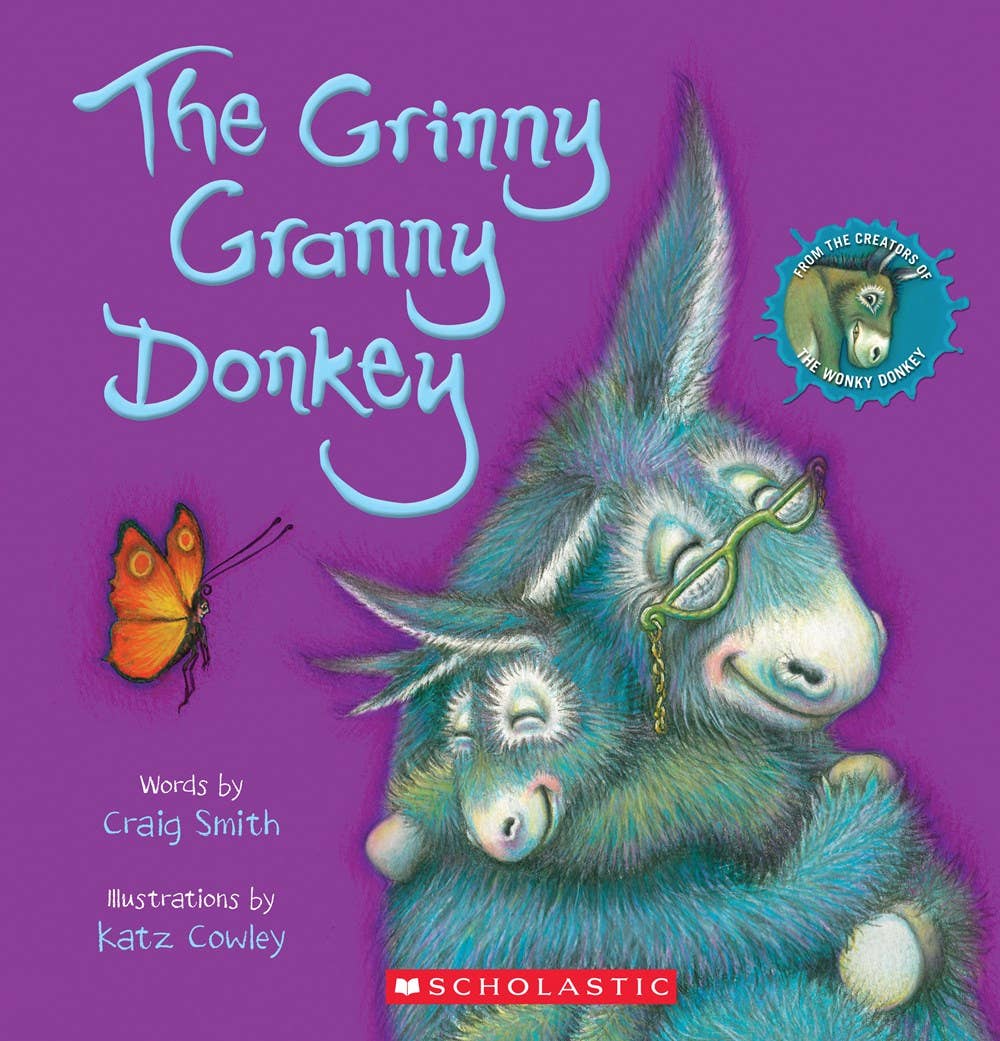 Book cover of 'The Grinny Granny Donkey' with a colorful donkey and butterfly on a purple background.