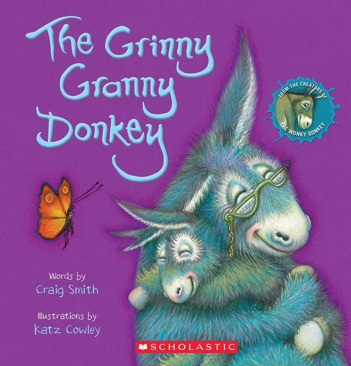 Book cover of 'The Grinny Granny Donkey' with a colorful donkey and butterfly on a purple background.