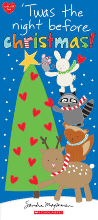 Children's book cover titled "Twas the night before Christmas!" by Sandra M. Jones, featuring a blue snowy background with a green Christmas tree, red hearts, and cartoon animals including a rabbit, raccoon, fox, and deer.