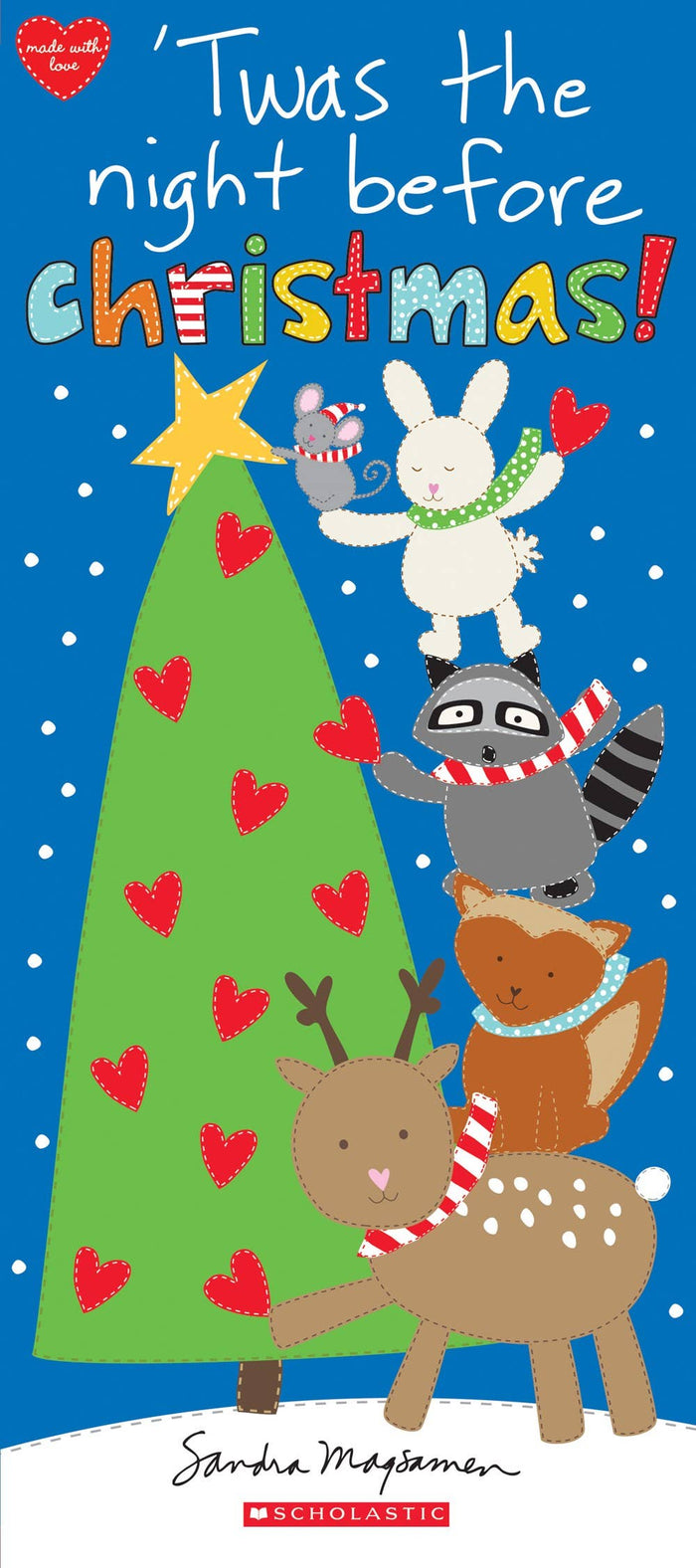 Children's book cover titled "Twas the night before Christmas!" by Sandra M. Jones, featuring a blue snowy background with a green Christmas tree, red hearts, and cartoon animals including a rabbit, raccoon, fox, and deer.