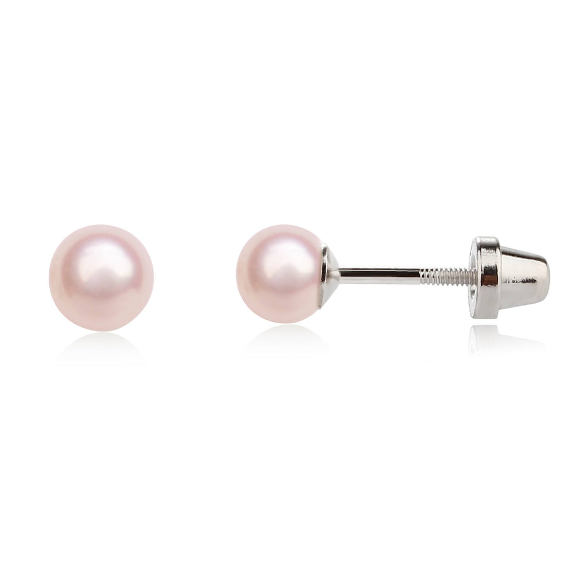 Pair of pink pearl earrings on a white background