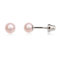 Pair of pink pearl earrings on a white background