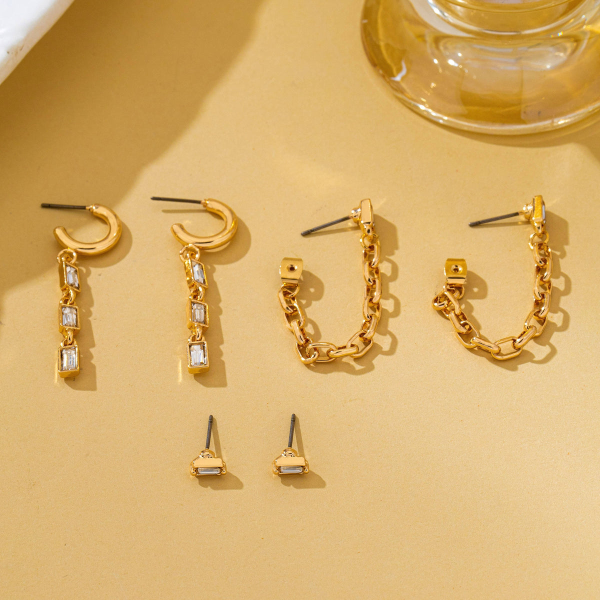 Geometric Baguette Stud & Chain Trio Earring Set