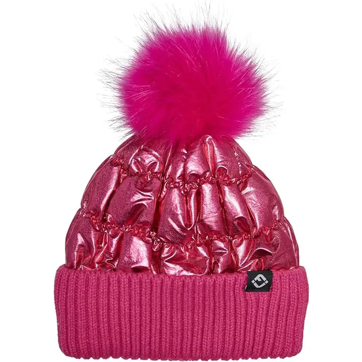 KIDS PUFFER FAUX FUR POM BEANIE CANDY PINK