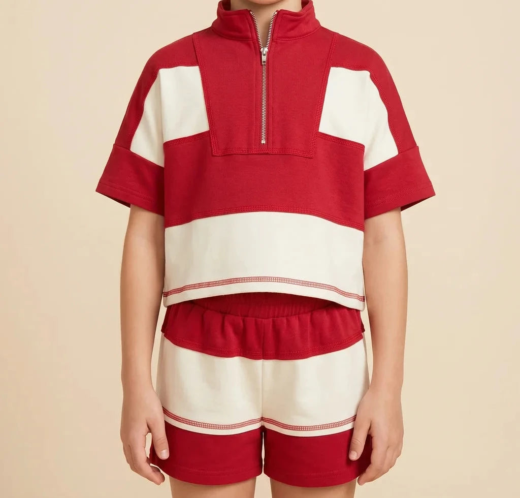 Girls Color Block Stripe Half Zip Knit Set Red