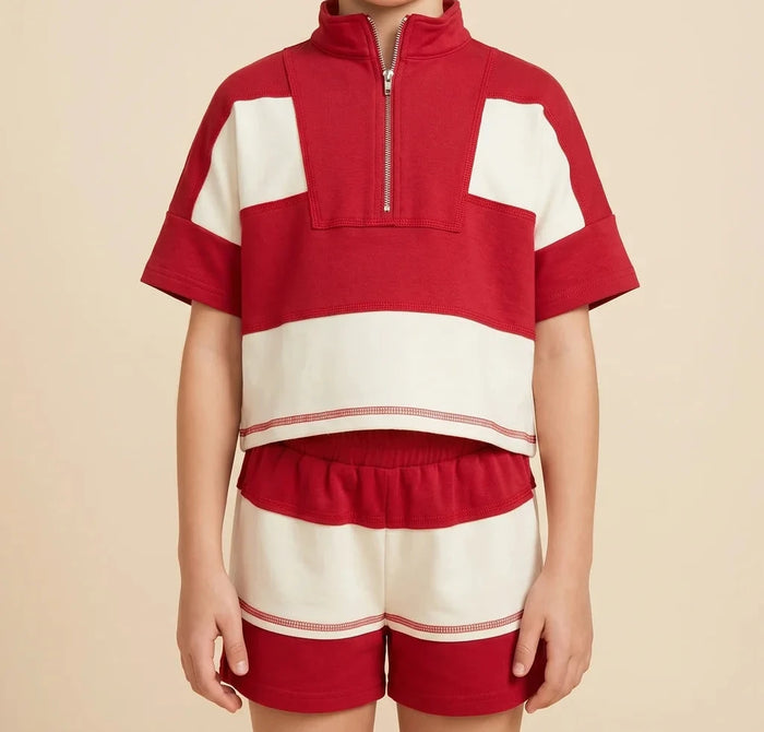 Girls Color Block Stripe Half Zip Knit Set Red