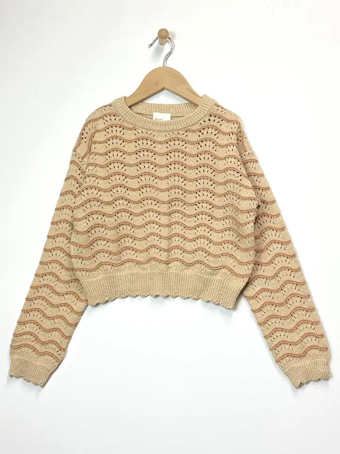 HEART AND ARROW TWEEN CREWNECK WAVY POINTELLE SWEATER TAN