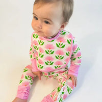 GOOSIES BIB SET PINK BLOCK FLOWERS