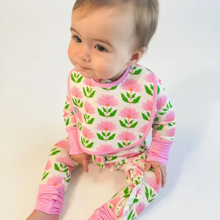 GOOSIES BIB SET PINK BLOCK FLOWERS