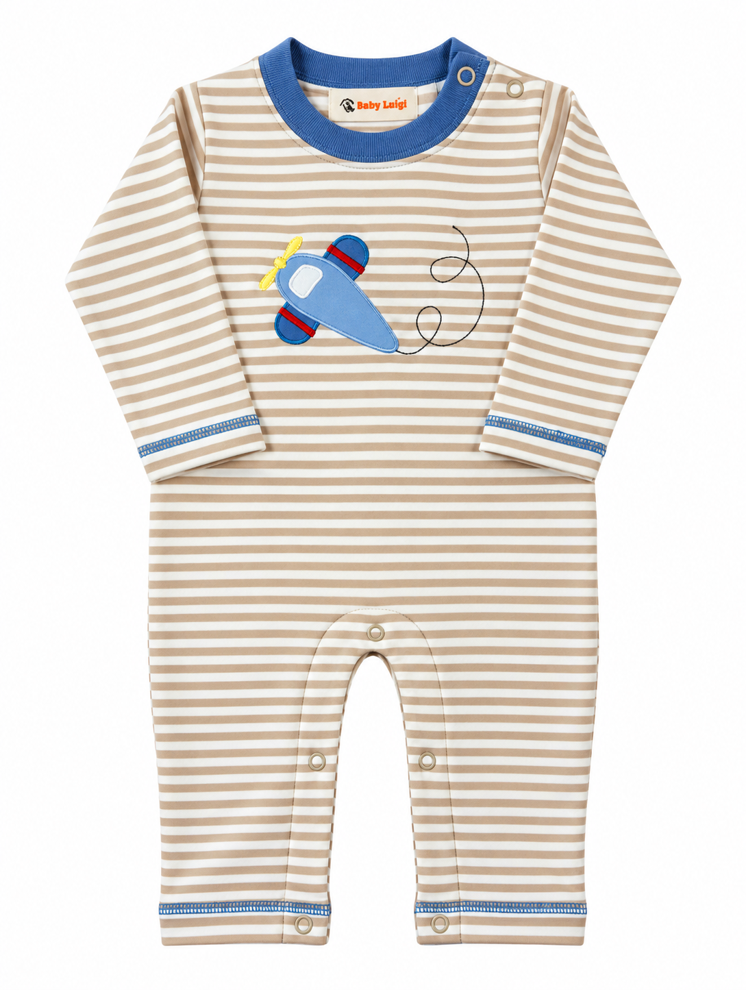 A baby long-sleeve footless romper with beige and white horizontal stripes, a blue crew neck, blue and beige striped cuffs, and a blue and red airplane graphic on the chest. The brand 'baby lodge' is visible on the inner neck label.
