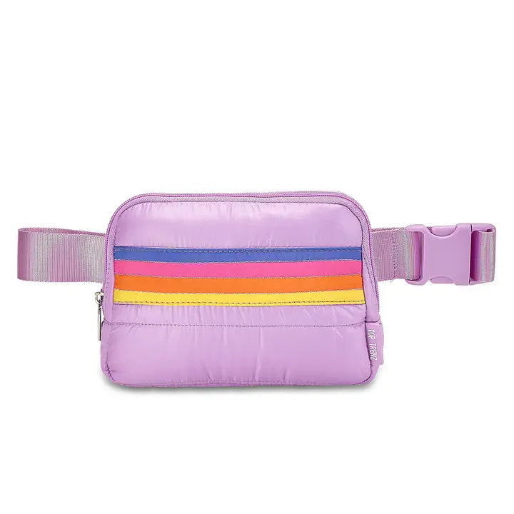 Purple waist bag with colorful stripes on a white background