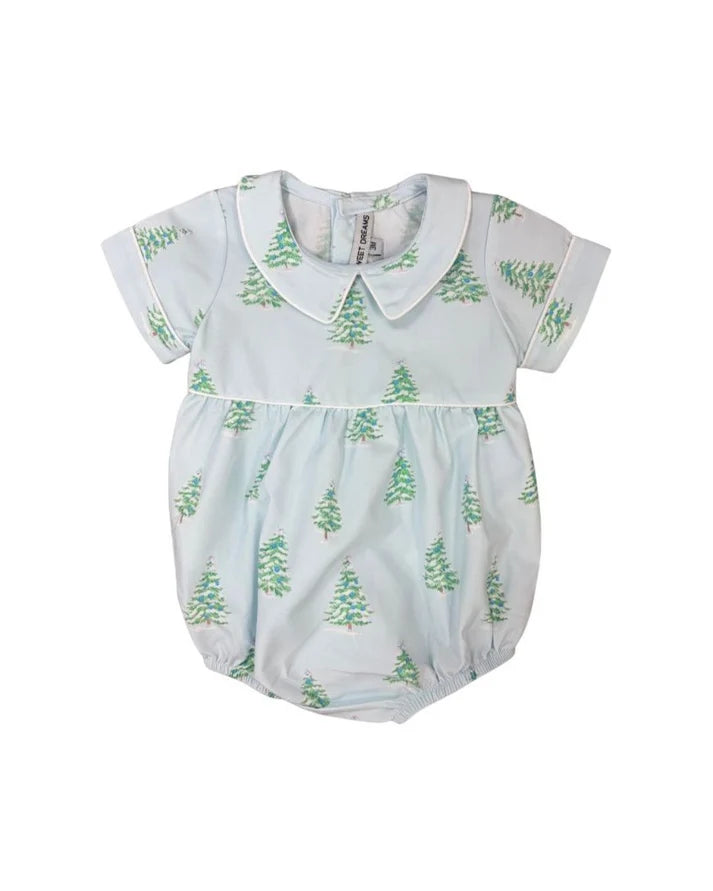 A baby romper in a very pale icy blue with a green pine tree pattern, featuring a Peter Pan collar and short sleeves, shown on a plain white background.