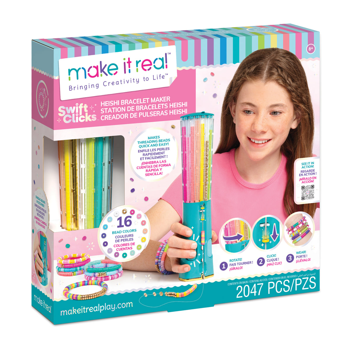 Swift Clicks Heishi Bracelet Maker kit in its retail packaging, featuring a smiling girl holding the colorful heishi stamp tool. The box is decorated with illustrations of colorful bracelets and text detailing the 2047 pieces included.