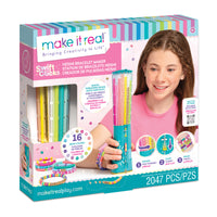Swift Clicks Heishi Bracelet Maker kit in its retail packaging, featuring a smiling girl holding the colorful heishi stamp tool. The box is decorated with illustrations of colorful bracelets and text detailing the 2047 pieces included.