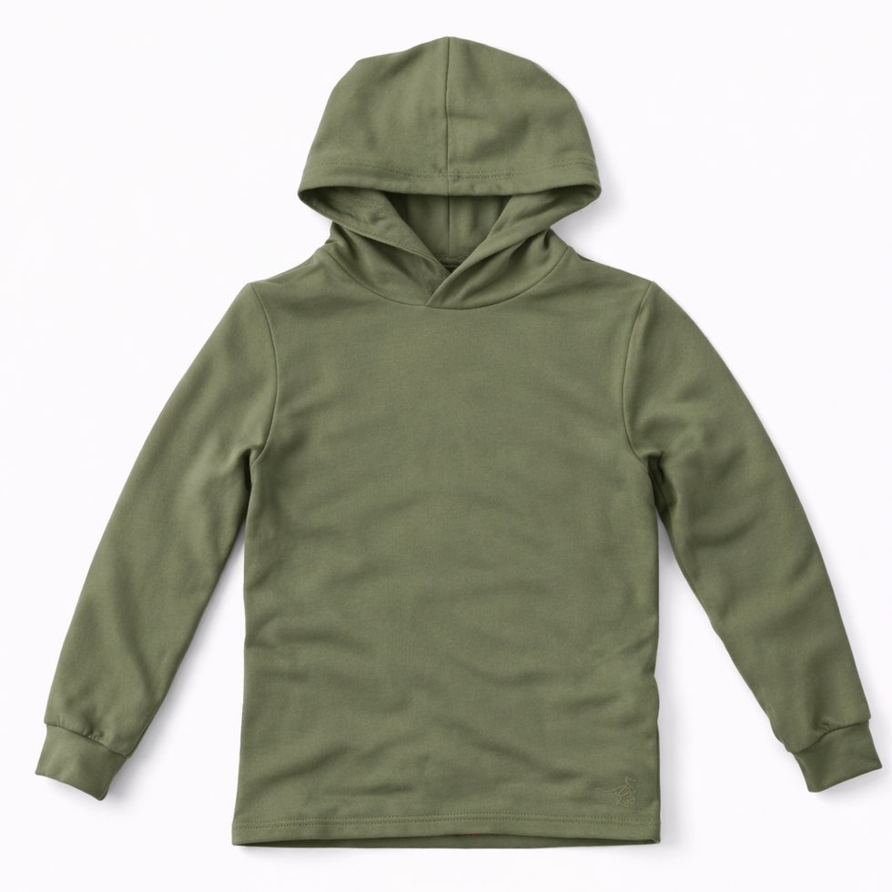 An olive green long-sleeve hooded sweatshirt, laid flat against a clean white background.