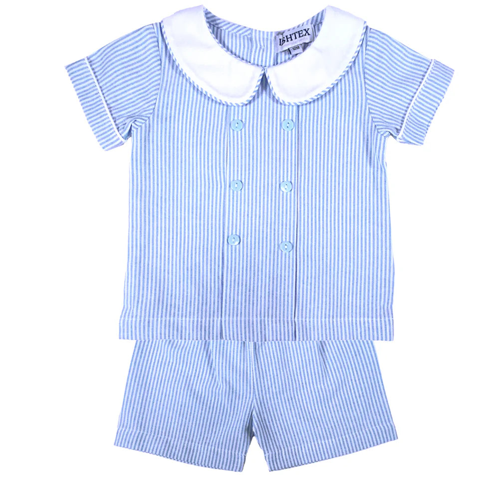BLUE STRIPE POPLIN BOYS SHORT SET