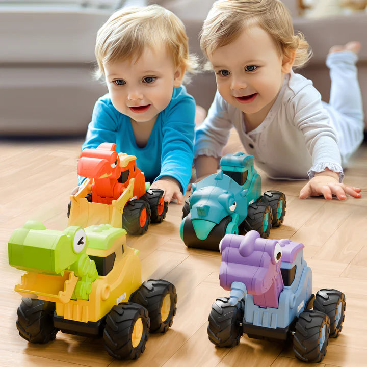 Two children playing with colorful toy cars on a wooden floor.