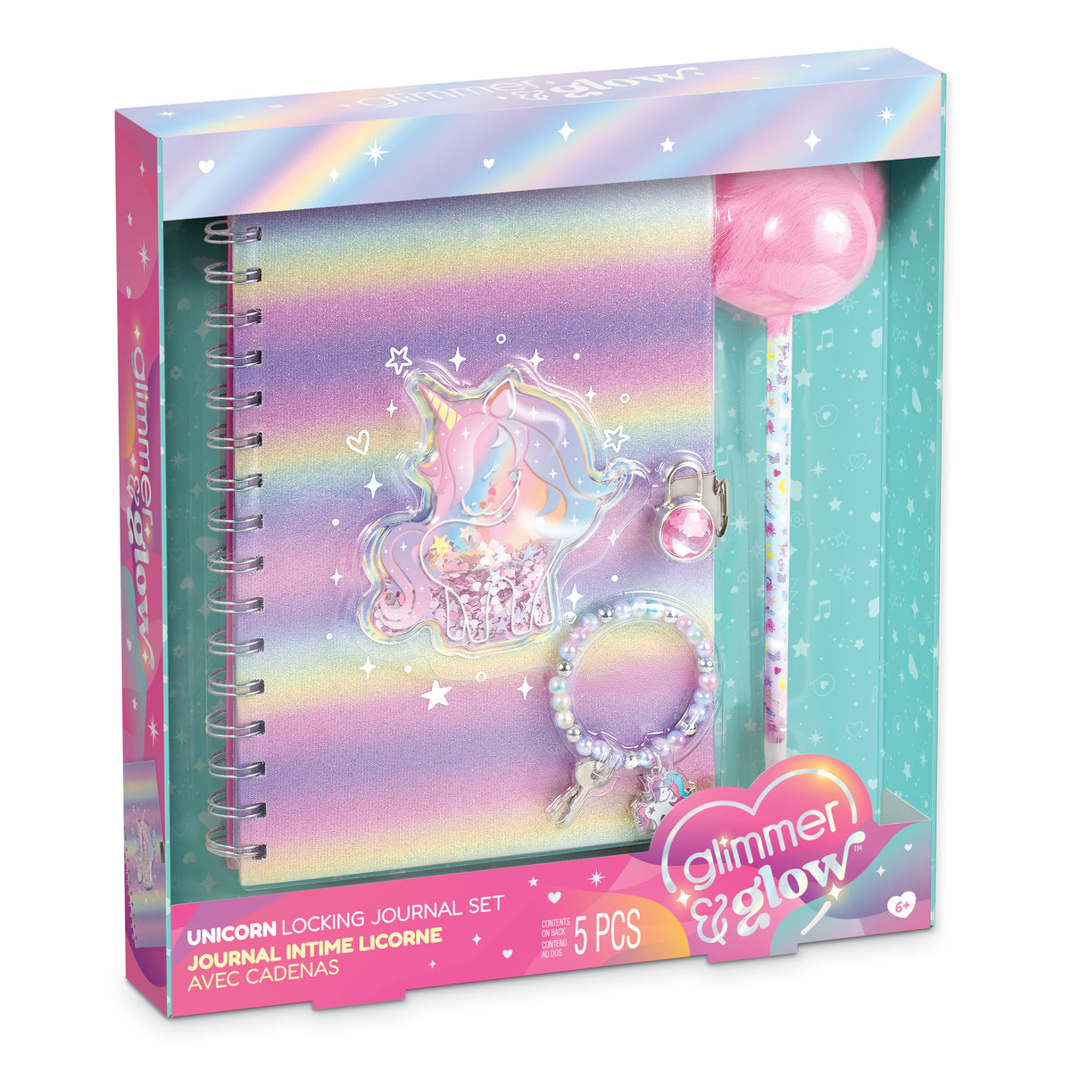 Unicorn locking journal set in its retail packaging, featuring a pastel iridescent notebook, pink lollipop pen, and matching accessories.