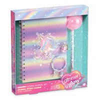 Unicorn locking journal set in its retail packaging, featuring a pastel iridescent notebook, pink lollipop pen, and matching accessories.