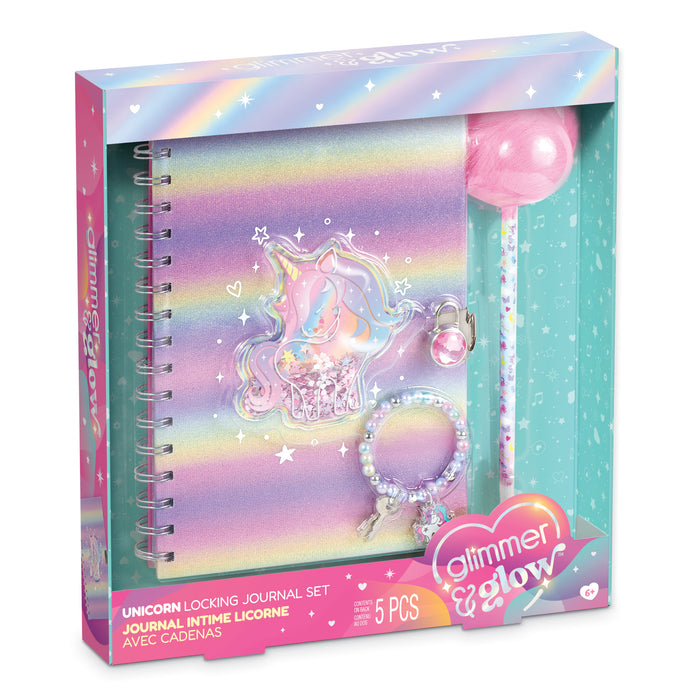 Unicorn locking journal set in its retail packaging, featuring a pastel iridescent notebook, pink lollipop pen, and matching accessories.