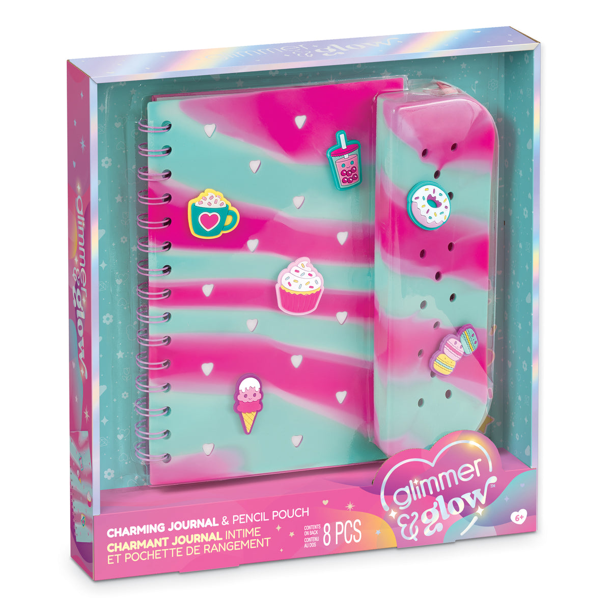 A boxed children's journal and pencil pouch set with a pastel rainbow design. The set includes a spiral-bound journal and a matching pencil case inside clear packaging, decorated with pink and mint swirls, small white hearts, and cute stickers like a coffee cup, cupcake, donut, and ice cream cone.
