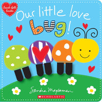 Book cover of 'Our little love bug!' with colorful caterpillar-shaped characters and hearts on a blue background.