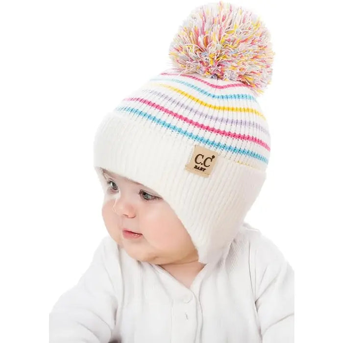 INFANT POM STRIPED EARFLAP BEANIE IVORY/MULTICOLOR
