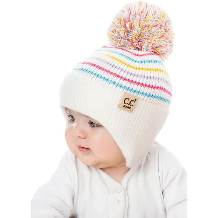 INFANT POM STRIPED EARFLAP BEANIE IVORY/MULTICOLOR
