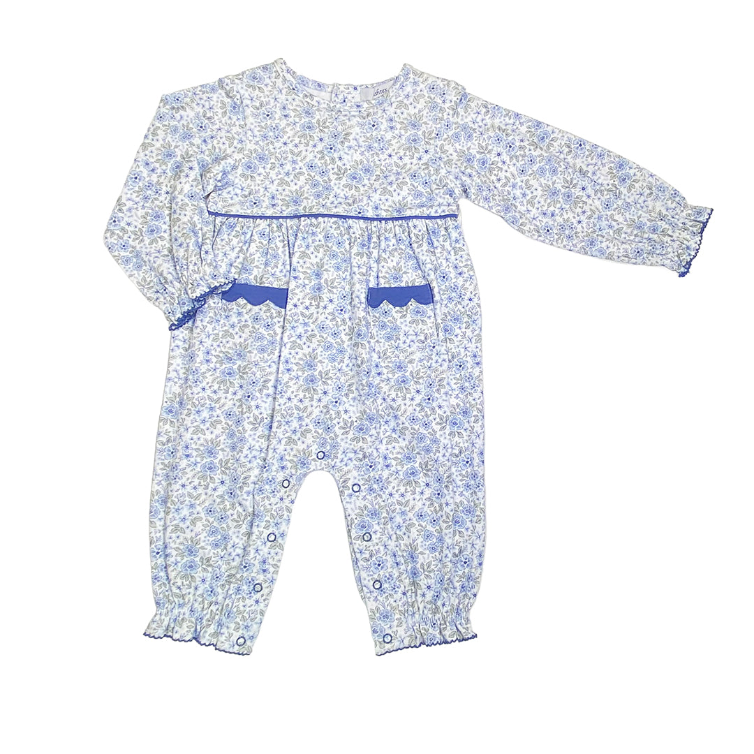 Floral baby romper with blue accents on a white background