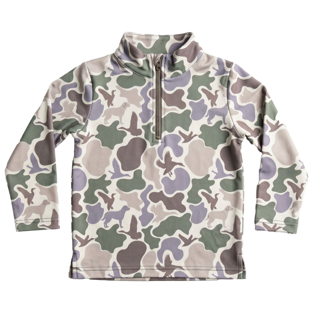 Camouflage-patterned pullover on a white background