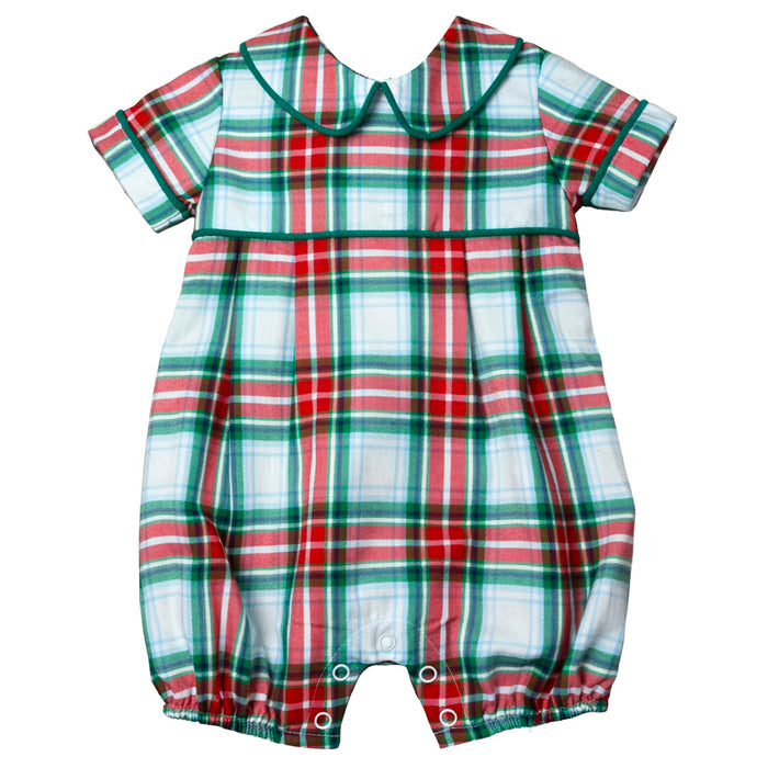 Plaid baby romper with red, green, and white colors on a white background