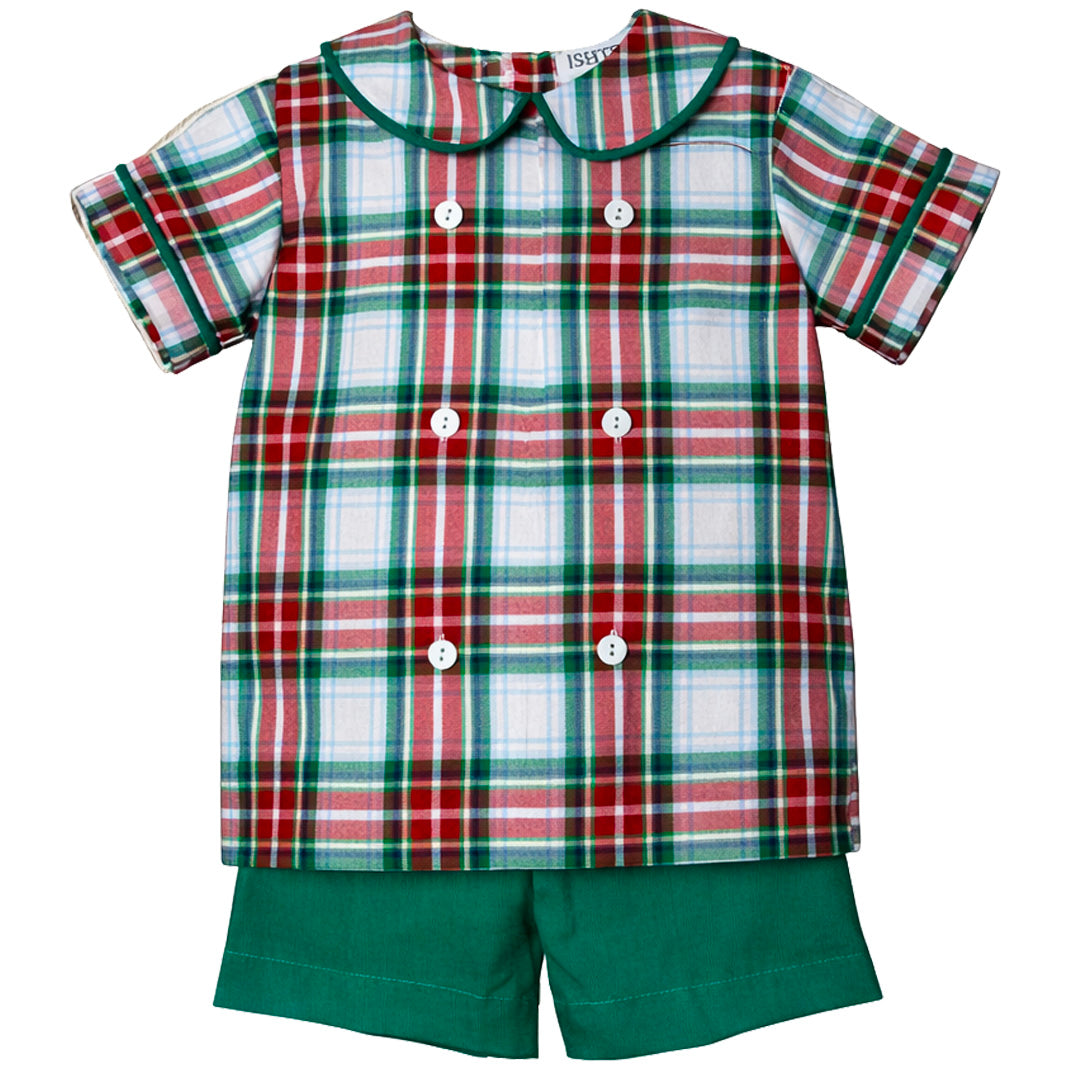 Plaid shirt and green shorts set on a white background