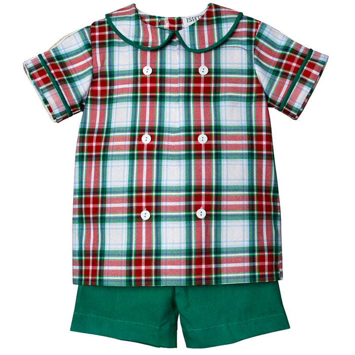 Plaid shirt and green shorts set on a white background