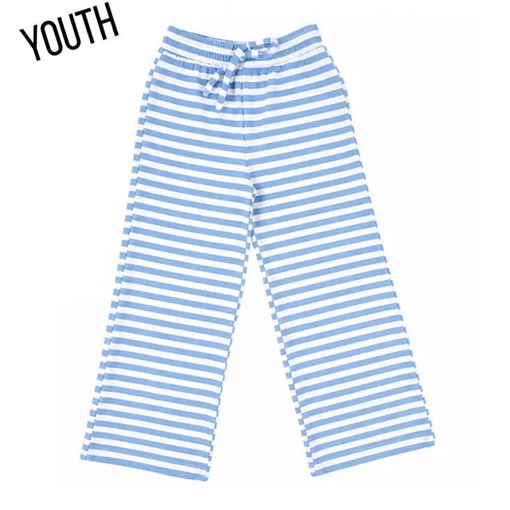 Light blue and white striped wide-leg pants for youth, featuring an elastic waistband with a matching drawstring, shown against a plain white background with a 'YOUTH' text overlay in the top-left corner.