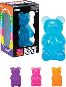Schylling Nee Doh Gummy Bear novelty toy shown with its black retail box and three smaller gummy bear color variants below on a white background.
